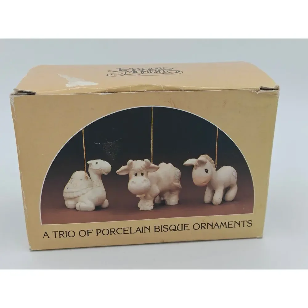 Precious Moments E2386 Trio Of Porcelain Bisque Nativity Animal Ornaments 1982